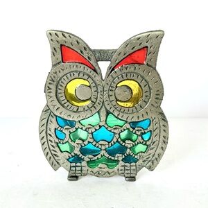 Vintage Cast Iron Owl Napkin Holder Colorful Lucite or Stained Glass – 1960s/70s